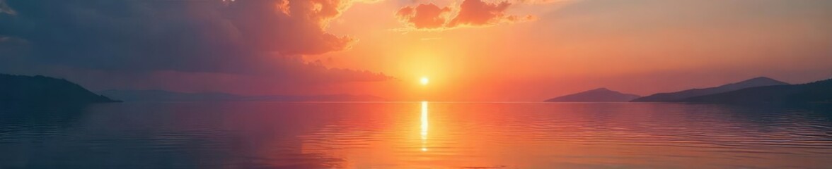 Fototapeta premium Serene sunrise over tranquil water, reflecting the peaceful glow of dawning hope; a meditation on optimism and inner peace , hope, inner peace