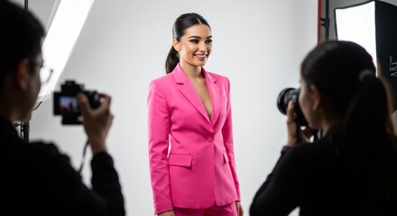 Photo: Model in Pink Suit Posing for Photographers in Studio