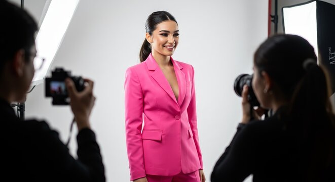 Photo: Model in Pink Suit Posing for Photographers in Studio - Powered by Adobe