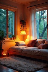 Fototapeta premium Soft, warm ambient lighting illuminates a cozy room, perfect for relaxation and unwinding The scene evokes feelings of peace and tranquility , quiet, cozy, unwind