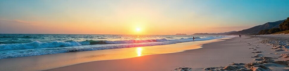 Obraz premium Stunning panoramic view of a pristine beach at sunset, soft sand, gentle waves lapping the shore, clear blue sky, perfect for travel, vacation, or relaxation themes , background, light