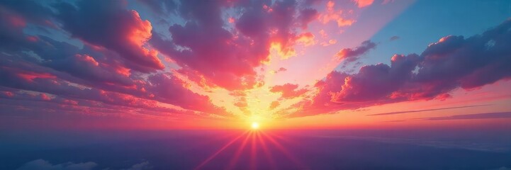 Fototapeta premium Stunning panoramic view of a breathtakingly beautiful sky, filled with vibrant colors at sunset or sunrise Perfect for travel, nature, and inspirational projects , summer, travel