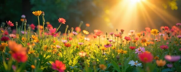 Fototapeta premium Sunbeams illuminate a field of wildflowers, creating a breathtaking, ethereal glow Perfect for nature, beauty, and serenity themes , summer, rustic
