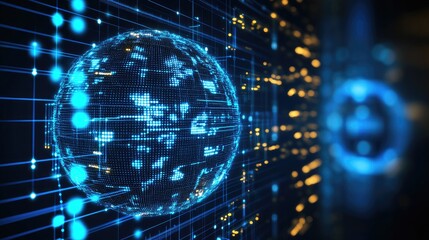 Global network data visualization; a digital globe embedded within complex circuitry, showcasing interconnectedness and digital flow
