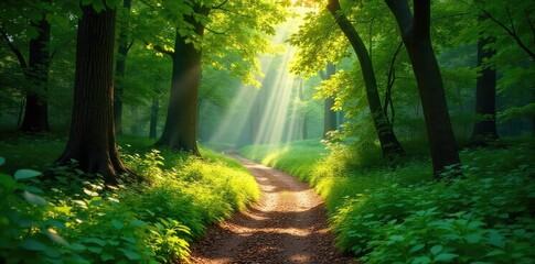 Fototapeta premium Sun-drenched forest path winding through lush green foliage, dappled sunlight filtering through leaves Perfect for summer, nature, and travel themes , vacation, lush