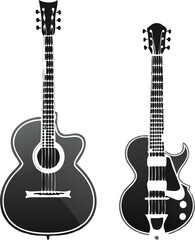 Obraz premium Two elegant black guitars: an acoustic and an electric, showcasing contrasting styles.