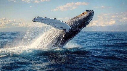 Fototapeta premium Majestic whale breaching the surface of the ocean with water splashing against a backdrop of clear blue sky and distant horizon