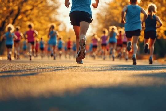 Group of people running on a sunlit tree-lined road during what appears to be an organized race or marathon in autumn with warm golden tones