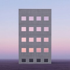 A modern building with multiple windows against a twilight sky
