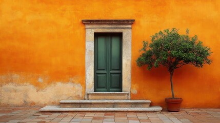 Fototapeta premium green wooden door set in an orange textured wall with stone steps and a potted green leafy plant to the right on tiled ground