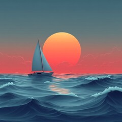 Fototapeta premium Sailboat sunset ocean waves digital art