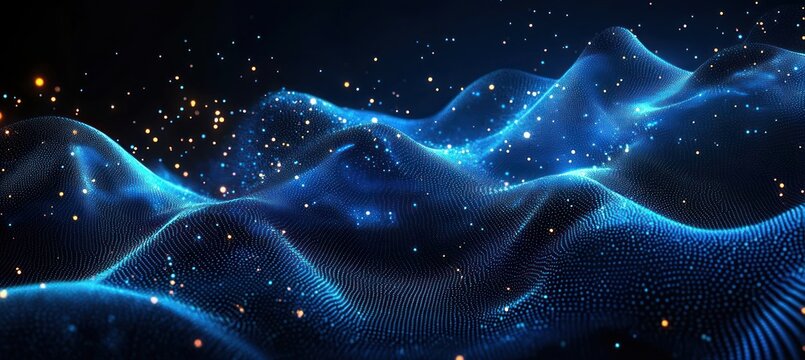 abstract digital landscape of flowing blue mesh waves illuminated by glowing orange and white particles creating a futuristic and dynamic atmosphere