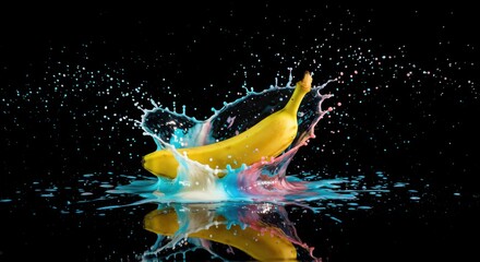 Dynamic Splash of a Banana in Vibrant Pink and Blue Liquid