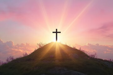 Sunrise or sunset behind a cross on a grassy hilltop with pink flowers and a serene sky filled with soft clouds, evoking peace and hope