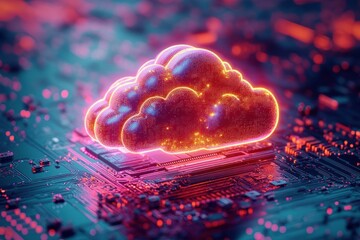 Glowing digital cloud hologram hovering above a complex computer circuit board with vibrant neon colors and illuminated data points