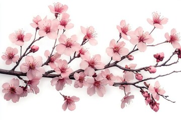Delicate pink cherry blossom flowers blooming on dark branches against a white background, evoking a serene and fresh spring atmosphere
