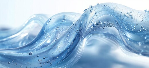 Close-up view of flowing transparent blue liquid with bubbles, creating smooth wave shapes and a sense of fluid motion and freshness