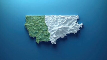 3D topographic map showing two distinct terrain types with textured green forested area on the left and white snowy or icy mountainous area on the right on a blue background