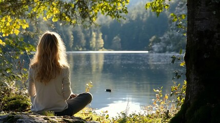 Woman meditates by tranquil lake.