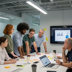 Photo Diverse Team Analyzes Charts in Modern Office Meeting