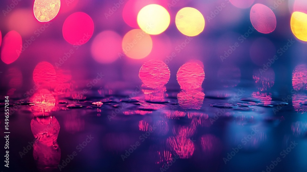 Poster Abstract bokeh lights reflecting on wet surface with vibrant color palette