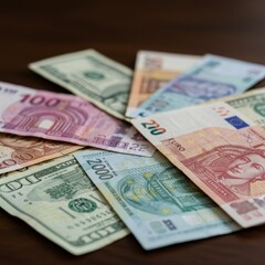 Fototapeta premium Photo Diverse International Currencies on Table