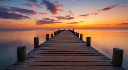 Fototapeta premium Photo of a Tranquil Wooden Pier at Ocean Sunset