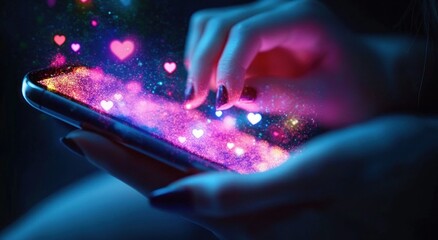 Close-up of a person interacting with a glowing smartphone screen emitting vibrant pink and blue heart-shaped lights and sparkles in a dark environment