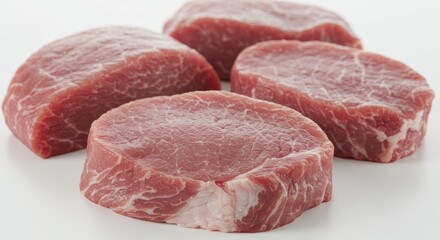 Photo Four Raw Pork Loin Cutlets on White Background