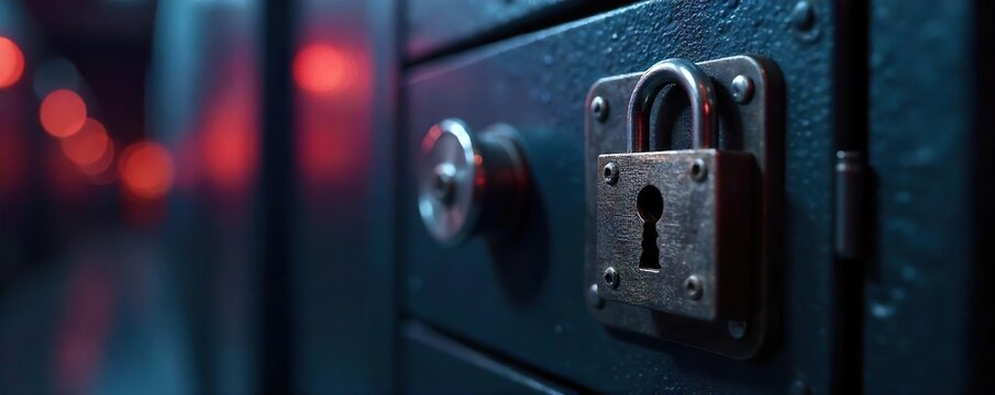 A close-up shot of a locked metal box with a keyhole, symbolizing the secure storage of confidential information and protected digital assets ,  data,  box