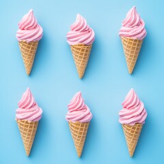 Six pink frozen yogurt cones on a blue background