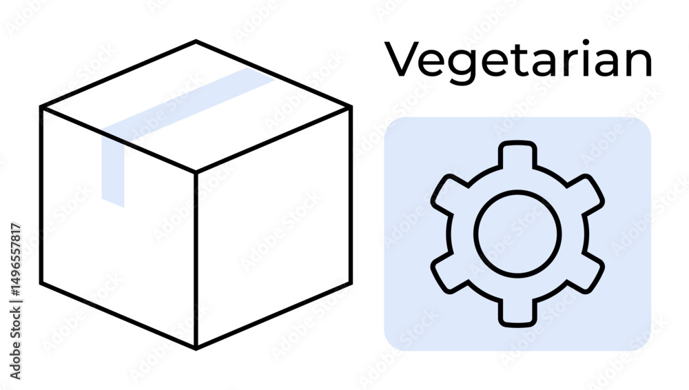 Poster simplistic box with tape and adjacent gear icon emphasizing vegetarian principles. ideal for packagi