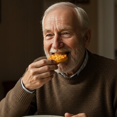Photo: Happy Senior Man Eating a Waffle at Home