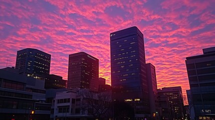 Fototapeta premium Colorful Sunset Over Urban Buildings with Dramatic Sky Colors