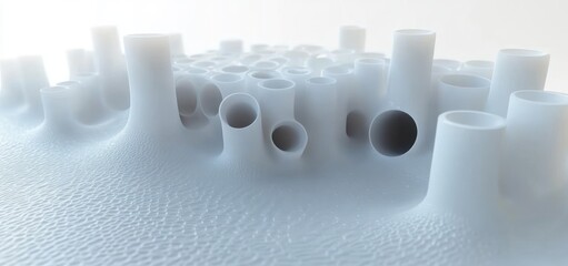 Close-up of smooth white tubular structures emerging from a textured, soft surface with diffused light creating a calm and ethereal atmosphere