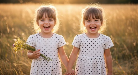 Joyful Twin Girls Holding Hands in a Golden Field