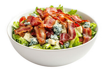 Delicious bacon salad with blue cheese and lettuce in white bowl food photography isolated on transparent background