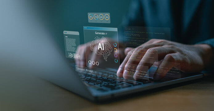 AI with web developer concept showing programmer using artificial intelligence to code and generate data. Ideal for AI tools, software development, machine learning, and tech innovation.