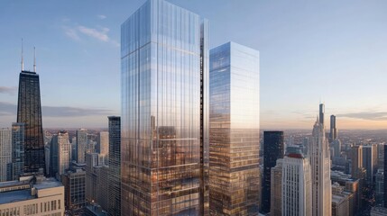 Obraz premium Modern Skyscrapers Reflecting Sunset Over Urban Cityscape