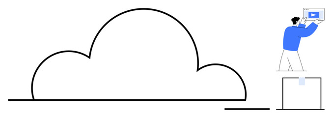 Person holding laptop transferring file into large abstract cloud design. Ideal for technology, communication, cloud computing, data management, digital storage, teamwork, simple landing page