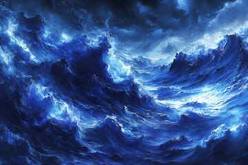 Fototapeta premium Dramatic, towering ocean waves crash under a dark, stormy sky with vivid blue highlights and swirling water.