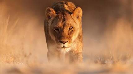 Fototapeta premium Lioness stalking savannah sunset, African grasslands