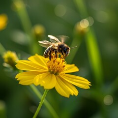 Photo of Bee on Yellow Cosmos Flower in Green Field