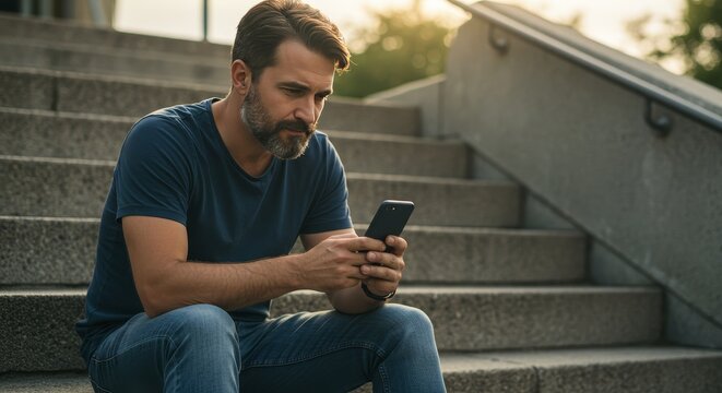 Photo of Bearded Man Checking His Phone on City Steps
