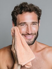 Man drying face towel studio background skincare