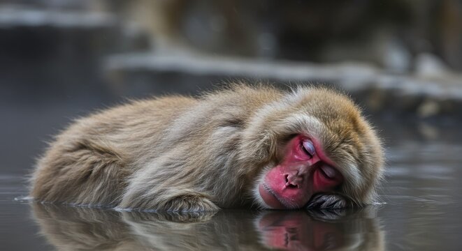 Photo of a Japanese Macaque Sleeping in a Hot Spring