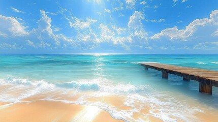 serene beach scene with soft waves gently reaching sandy shore under a bright blue sky dotted with fluffy white clouds and a wooden pier extending into the calm ocean