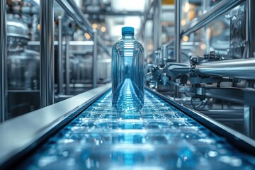Close-up of a transparent plastic bottle on a conveyor belt in a modern industrial bottling facility with stainless steel machinery and bright lighting