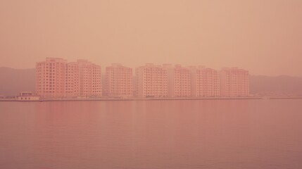 Modern Urban Apartment Buildings Reflected in Calm Water Surface