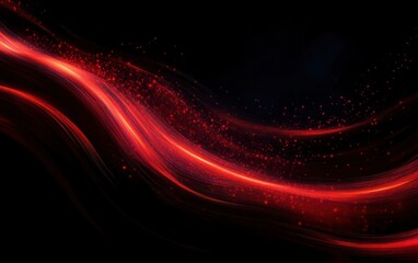 Obraz premium Flowing red and orange light waves with small glowing particles on a dark background creating a dynamic and energetic effect